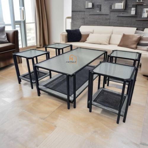 طقم طاولات خدمة سطح زجاج - 120X60X46 سم - 5 قطع -رمادي
