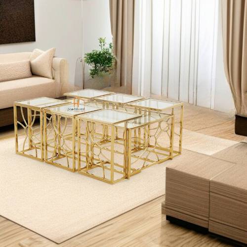 طقم طاولات خدمة سطح زجاج - 130X70X45 سم - 7 قطع - ذهبي