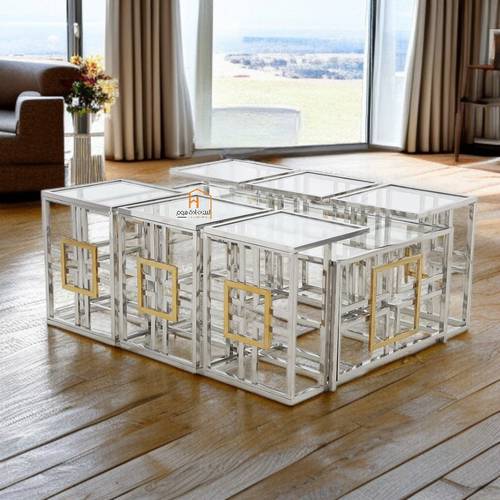 طقم طاولات خدمة سطح زجاج - 130X70X45 سم - 7 قطع - فضي&ذهبي