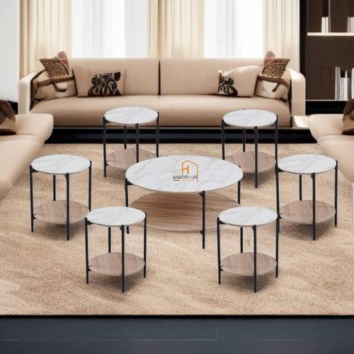 طقم طاولات خدمة سطح سيراميك - 90X90X45 سم - 7 قطع - خشبي