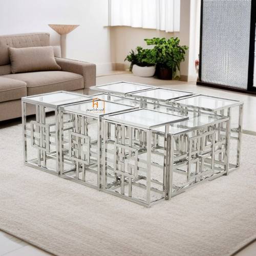 طقم طاولات خدمة سطح زجاج - 130X70X45 سم - 7 قطع -فضي