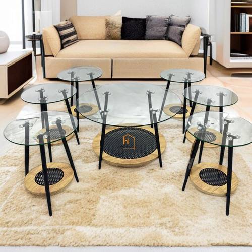 طقم طاولات خدمة سطح زجاج - 80X80X45 سم - 7 قطع - بني