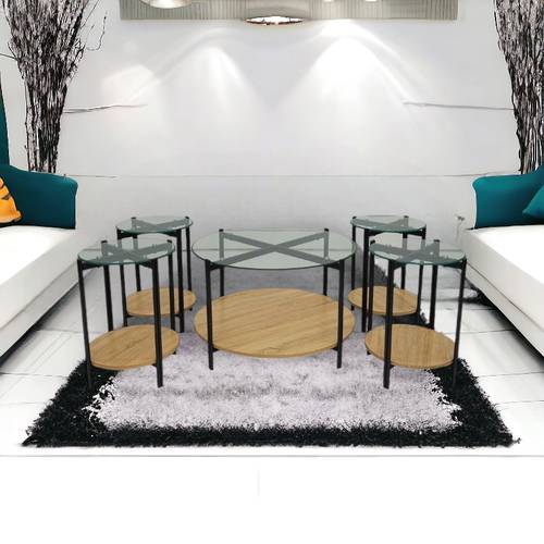 طقم طاولات شاي خشب + زجاج  5 قطع 