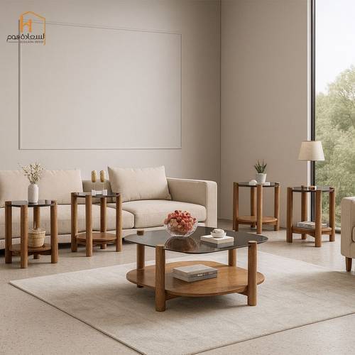 طقم طاولات خدمة  زجاج-4+1-بني 