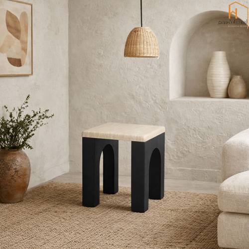 طاولة خدمه مفرد - 50*50*55 سم - MARBLE+BLACK