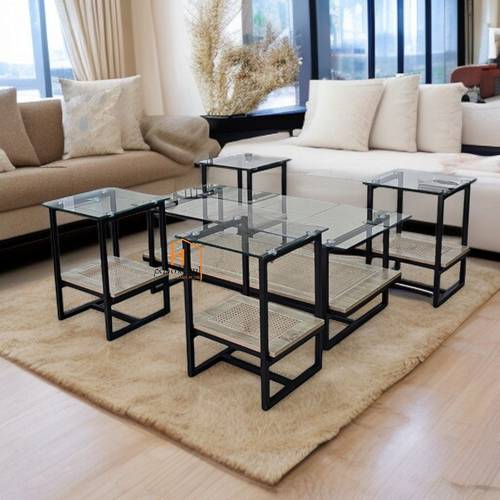 طقم طاولات خدمة زجاج & خشب - 120X60X45 سم - 5 قطع