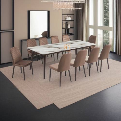 طاولة طعام رخام 10 كراسي - 225X100 سم - بني