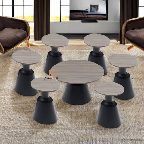 طقم طاولات شاي خشب - 7 قطع - 80X80X45 سم - رمادي غامق