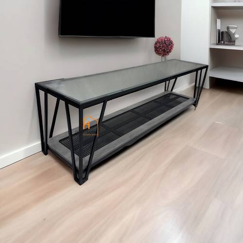 طاوله تلفزيون بلازما سطح زجاج -  160X42X50 سم - رمادي