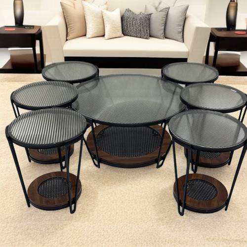 طقم طاولات خدمة سطح زجاج - 120X60X46 سم - 7 قطع - كوفي