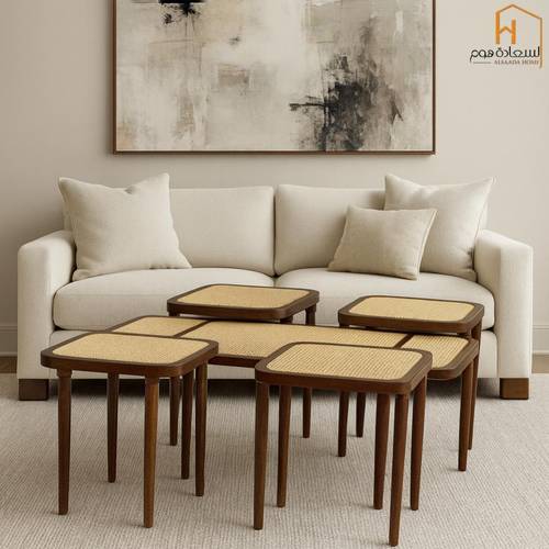 طقم طاولات خشب هندي مع راتان -بني - 4+1
