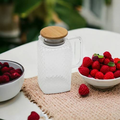 ابريق زجاج  ابيض غطاء خشب -1.3 لتر
