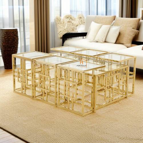 طقم طاولات خدمة سطح زجاج - 130X70X45 سم - 7 قطع - ذهبي
