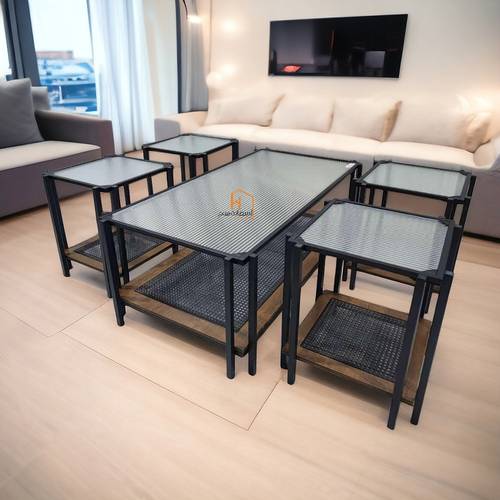 طقم طاولات خدمة سطح زجاج - 120X60X46 سم - 5 قطع - كوفي