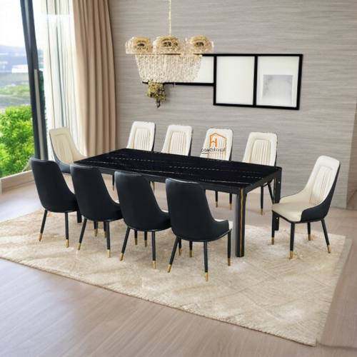 طاولة طعام رخام 10 كراسي - 225X100 سم - اسود