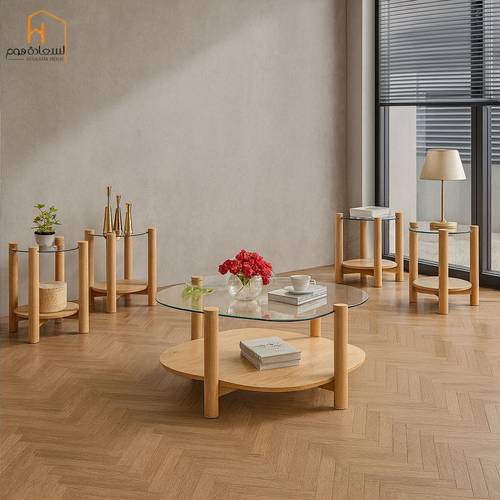  طقم طاولات خدمة  زجاج-4+1-خشبي
