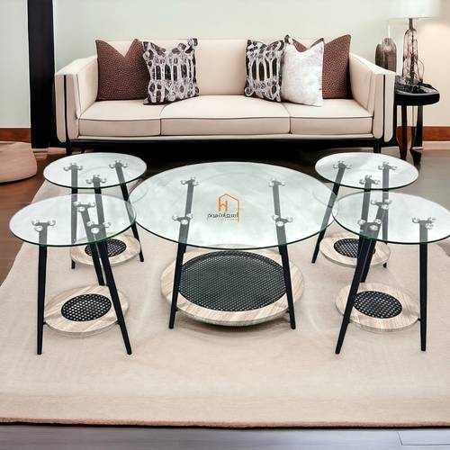 طقم طاولات خدمة سطح زجاج - 80X80X45 سم - 5 قطع - خشبي