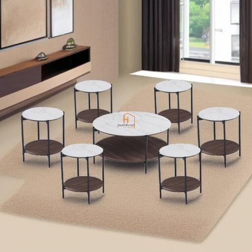 طقم طاولات خدمة سطح سيراميك - 90X90X45 سم - 7 قطع - بني