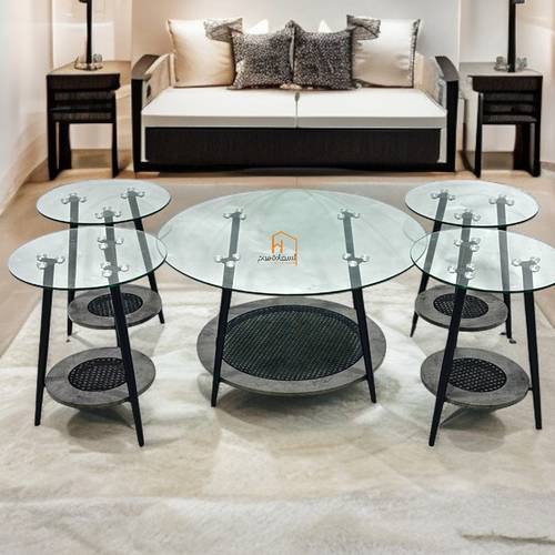 طقم طاولات خدمة سطح زجاج - 80X80X45 سم - 5 قطع -رمادي