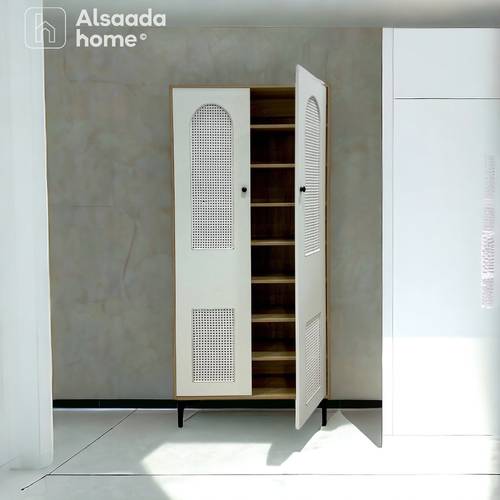 دولاب أحذية متعدد الأغراض - 2 باب - ابييض&خشبي - 173X80X30 سم