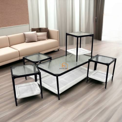 طقم طاولات خدمة سطح زجاج - 120X60X45 سم - 5 قطع -ابيض