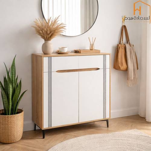 دولاب احذية 2باب - أبيض مع خشبي -95*30*80 سم