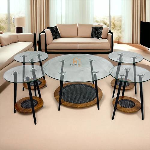 طقم طاولات خدمة سطح زجاج - 80X80X45 سم - 5 قطع -بني