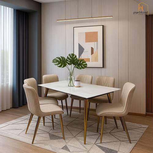  طاولة طعام 6+1 رخام مع استيل -150×90 -ذهبي