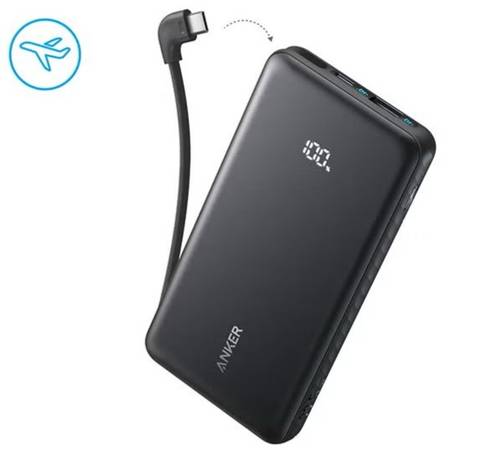 أنكر أسود باور بانك Zolo بسعة 10000mAh وقدرة 22.5 واط مع كابل USB-C مدمج