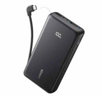 باور بانك أنكر  زولو بسعة 20000 مللي أمبير/22.5 واط مزود بكابل USB-C مزدوج مدمج باللون الأسود 