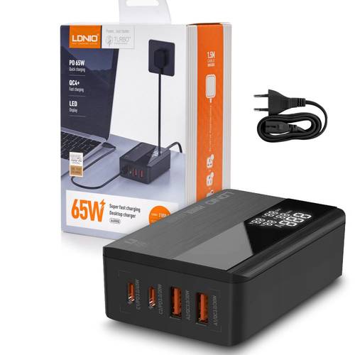 شاحن مكتبي يدعم الشحن السريع بقوة 65 واط مع منفذين USB ومنفذين Type-C من لدنيو