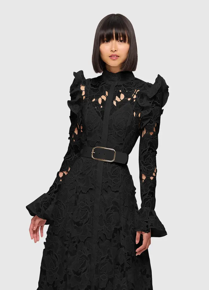 Aliyah Lace Butterfly Sleeve Midi Dress - Ebony