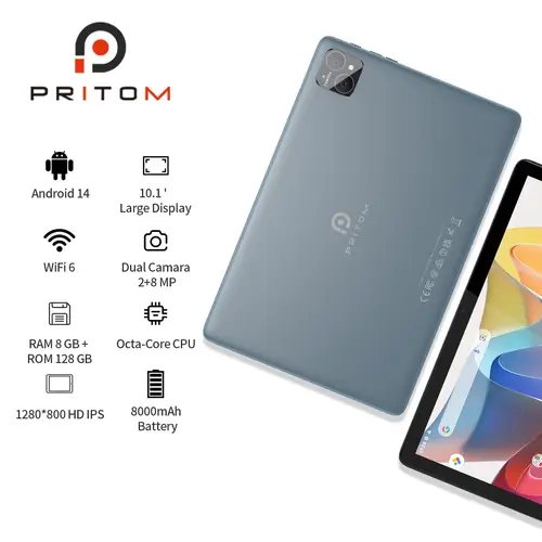 تابلت PRITOM TAB11 Android 14، 10 بوصة، ثماني النواة، 5G WiFi6، 128 جيجابايت، 8000 مللي أمبير، شاشة HD IPS، كاميرا مزدوجة، بلوتوث، FM، TYPE C