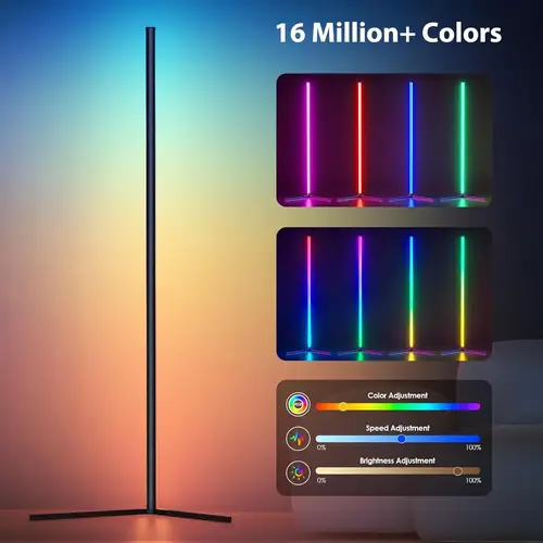 مصباح زاوية أرضي RGB بارتفا155 سم، مصباح تغيير الألوان الزاوية مع تحكم ذكي عبر التطبيق، مصباح أرضي حديث متزامن مع الموسيقى، إضاءة زاوية قابلة للتعتيم بـ 16 مليون لون لغرف المعيشة، وغرف النوم، وغرف الألعاب