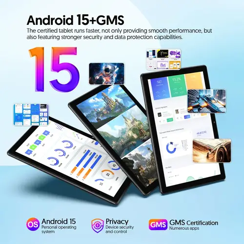 تابلت BAKEN مقاس 10 بوصة مزود بفتحة لبطاقة SIM، Android 15، Wi-Fi، GPS، Bluetooth، تخزين 64 جيجابايت، مكبرات صوت مزدوجة، منفذ USB-C
