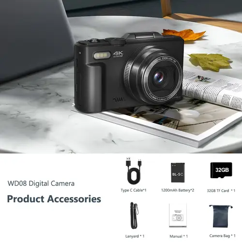 كاميرا رقمية 4K، كاميرا تسجيل فيديو بدقة 4K ليوتيوب مع 3 بوصات 180 °   كاميرا ريترو مدمجة بتكبير رقمي 18X قابلة للطي، باللون الأسود
