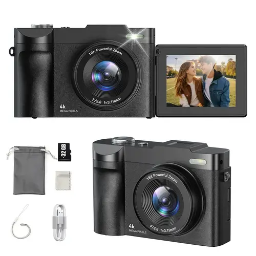 كاميرا رقمية لكاميرا التصوير الفوتوغرافي مقاس 2.8 بوصة 180 °   شاشة قابلة للطي 16X Shoot Camara مع بطاقة Micro SD سعة 32 جيجابايت لهدايا المبتدئين