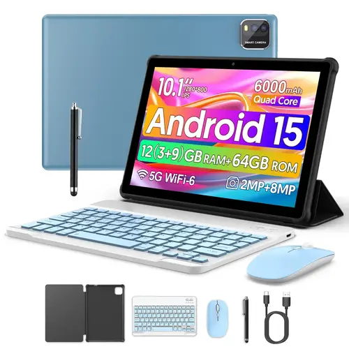 تابلت BAKEN مقاس 10 بوصة مزود بفتحة لبطاقة SIM، Android 15، Wi-Fi، GPS، Bluetooth، تخزين 64 جيجابايت، مكبرات صوت مزدوجة، منفذ USB-C