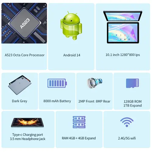 تابلت PRITOM TAB11 Android 14، 10 بوصة، ثماني النواة، 5G WiFi6، 128 جيجابايت، 8000 مللي أمبير، شاشة HD IPS، كاميرا مزدوجة، بلوتوث، FM، TYPE C