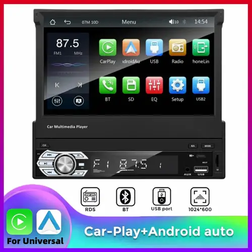 Carplay أندرويد السيارات العالمي 1 Din مشغل MP5 7 بوصة قابل للسحب شاشة تعمل باللمس مشغل السيارة HD FM AUX المدخلات BT راديو مرآة الارتباط