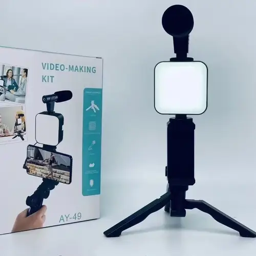مجموعة تسجيل فيديو الهاتف الذكي مع حامل هاتف ثلاثي القوائم وميكروفون صغير LED لملء الضوء لفيديو TikTok Live Stream YouTube