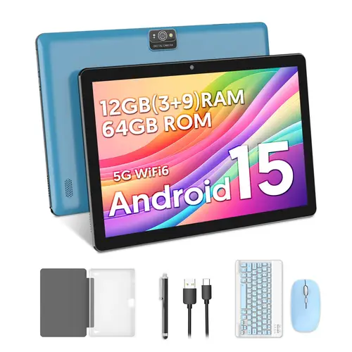 تابلت BAKEN مقاس 10 بوصات، Android 15، معالج رباعي النواة، وذاكرة وصول عشوائي 64 جيجابايت، وذاكرة قابلة للتوسيع سعة 1 تيرابايت، ومكبرات صوت مزدوجة، ومجموعة لوحة مفاتيح وماوس