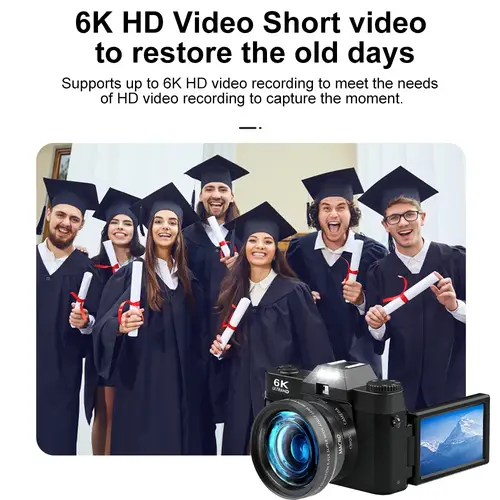كاميرا Ourlife 6K للتصوير الفوتوغرافي الرقمي 16X تكبير رقمي 64 ميجابكسل مسجل فيديو Vlog عتيق يوتيوب 180 °   كاميرا ويب واي فاي بشاشة قلابة