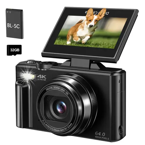 كاميرا رقمية 4K، كاميرا تسجيل فيديو بدقة 4K ليوتيوب مع 3 بوصات 180 °   كاميرا ريترو مدمجة بتكبير رقمي 18X قابلة للطي، باللون الأسود