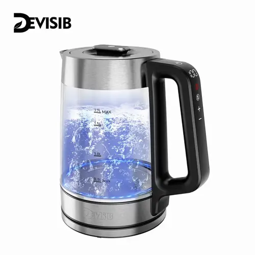DEVISIB غلاية زجاجية كهربائية مزدوجة الجدار تعمل باللمس 1.7 لتر/2200 وات تحكم سريع في درجة الحرارة في الغليان في الوقت الحقيقي شاشة إيقاف تلقائي