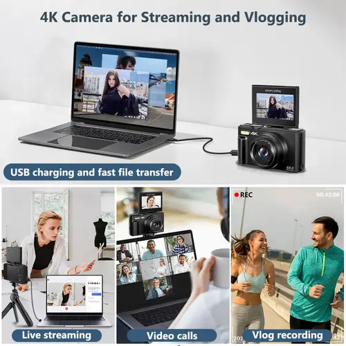 كاميرا رقمية 4K، كاميرا تسجيل فيديو بدقة 4K ليوتيوب مع 3 بوصات 180 °   كاميرا ريترو مدمجة بتكبير رقمي 18X قابلة للطي، باللون الأسود