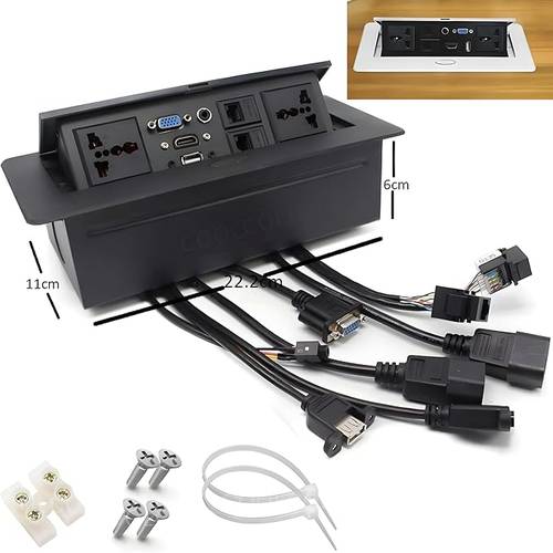 علبة أرضية أنيقة مزودة بمنافذ USB وVGA لتوصيلات متعددة.