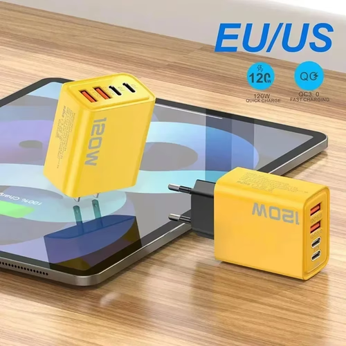 شاحن جداري سريع 120 واط QC 3.0 وPD بأربعة منافذ USB وType-C.