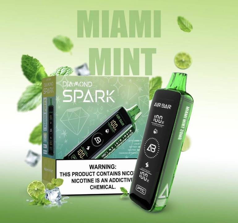 سحبة اير بار دايموند سبارك نعناع ميامي 15000 سحبة نيكوتين 20 مج – AIR BAR Diamond Spark Miami Mint 15K السعة: 22 مل ليكود