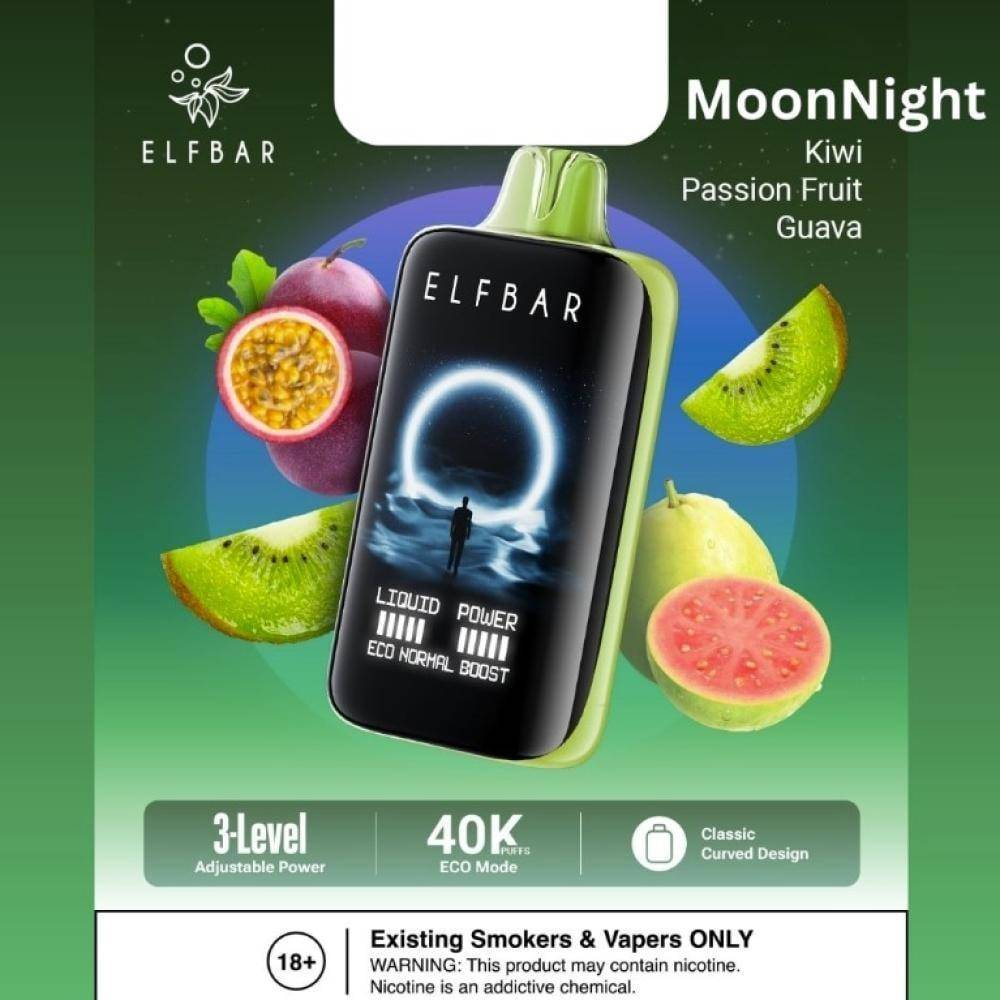 سحبة الف بار مون نايت 40000 سحبة كيوي باشن فروت جوافة ELFBAR MOONNIGHT 40000 PUFFS Kiwi Passionfruit Guava